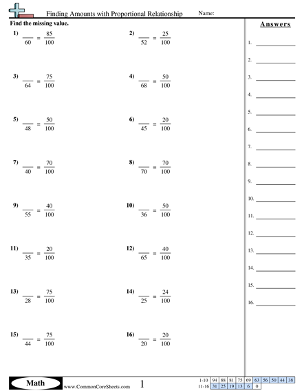 Percent Worksheets - Finding Amounts with Proportional Relationship worksheet